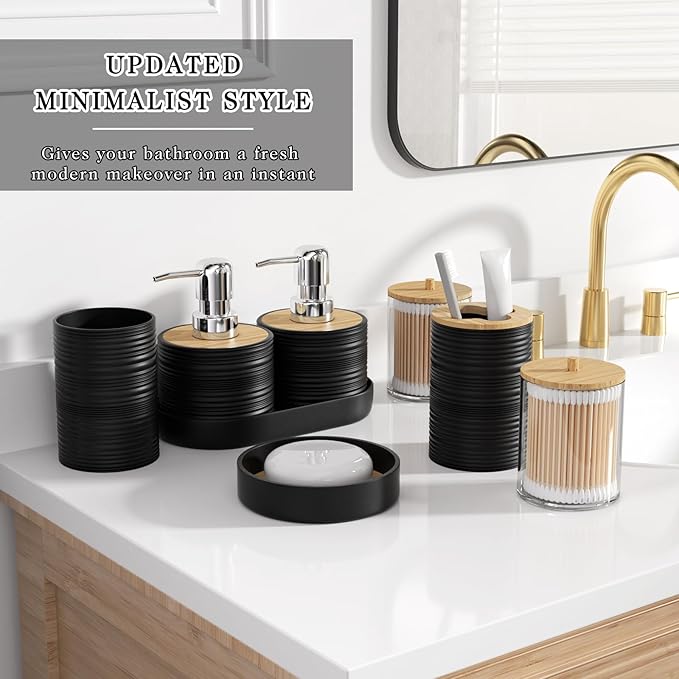 XLHOMO Black Bathroom Set - 10PC Bathroom Accessories Set, Luxury Bathroom Accessory Set with Trash Can,Toilet Brush & 2 PC Soap Dispensers for Apartment Decor and Housewarming