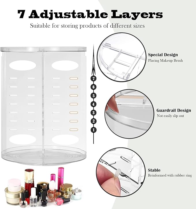360 Rotating Makeup Organizer for Vanity Adjustable Cosmetic Display Case Large Capacity Skincare Organizers Perfume Organizer Spinning Holder for Countertop Vanity and Bathroom