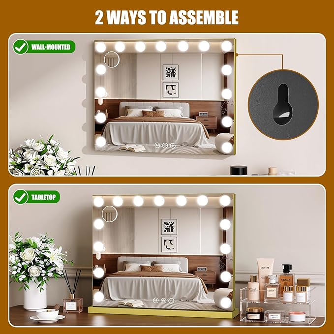 Vanity Mirror with Lights, 23"×18" Large Hollywood Makeup Mirror with 15 Dimmable Bulbs, 3-Color Lighting, Dimmable, 10x Magnification, Desk Mirror, Bedroom (Gold)