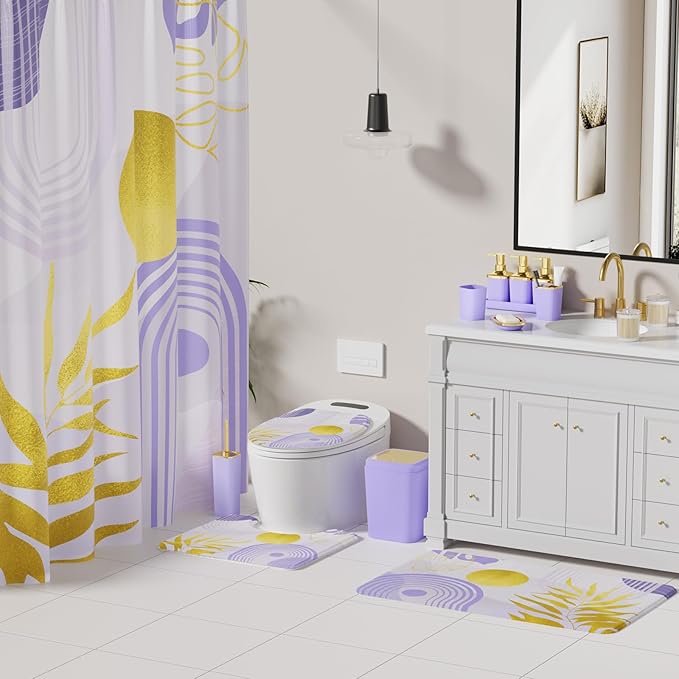 Bathroom Accessories Set - 27PC Bathroom Sets with Shower Curtain and Rugs, Purple Bathroom Set, Purple Bathroom Accessory Set with Trash Can, Toilet Brush & 3 PC Soap Dispensers