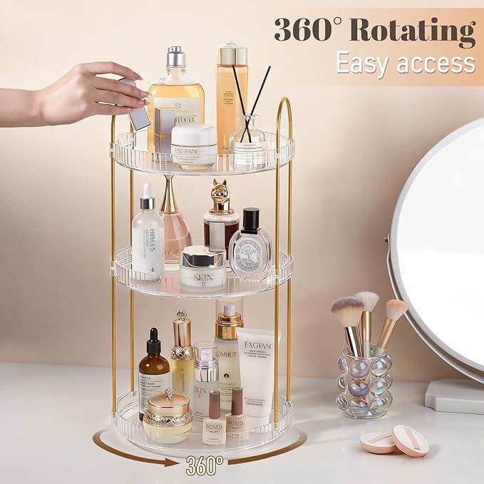 Anyoifax 360 Rotating Makeup Organizer 3 Tier Large Capacity Perfume Skincare Tray for Dresser Spinning Bathroom Counter Organizer for Vanity Lazy Susan Turntable Storage for Kitchen, Clear