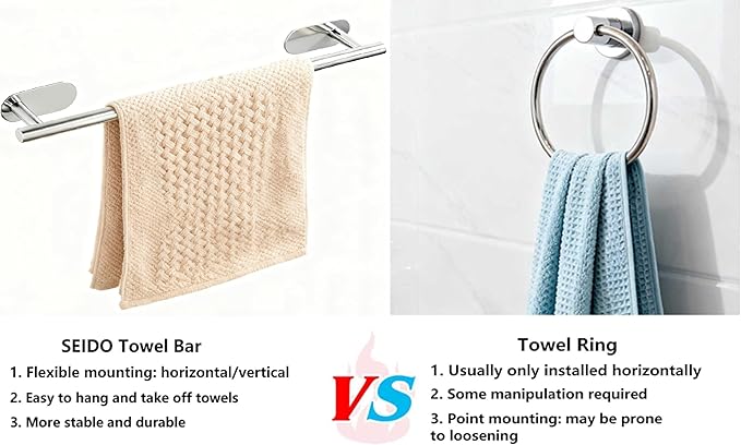 SEIDO Adhesive Towel Bar for Bathroom, 304 Stainless Steel Hand Towel Holder Chrome, 16 Inch Towel Racks for Bathroom, No Drilling Needed, Polished Chrome