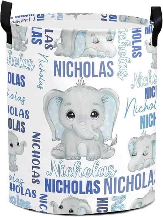 Large Custom Name Laundry Hamper, Elephant Personalized Dirty Clothes Hamper Storage Basket with Name for Bathroom Bedrooms, Customized Name Circular Hamper with Handles for Baby Boys Girls Men Women