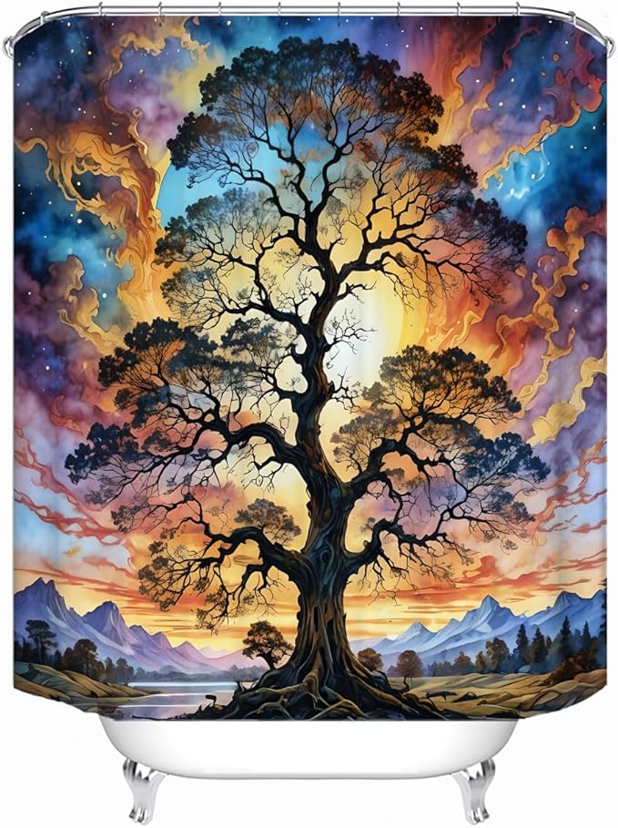 Shower Curtains Life Tree Theme, Colorful Bright Sky Brings A Unique Artistic Atmosphere to The Bathroom, 72x72 Inch Fabric Shower Curtain with 12 Hooks.
