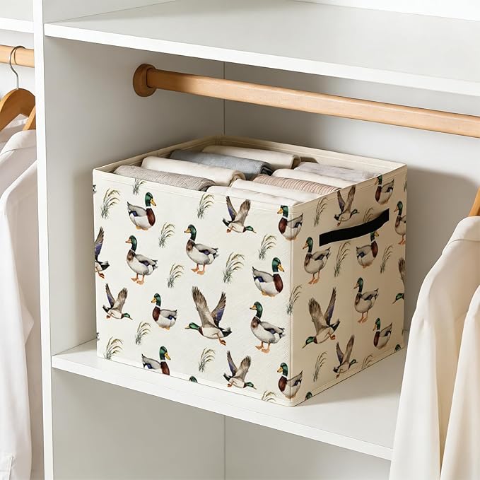 Mallard Duck Nursery Storage Bin Box with Handles, Countryside Flying Mallard Duck Foldable Baskets Organizer for Kids Room Bedroom Bathroom Clothes Toys Books, Toybox for Boys