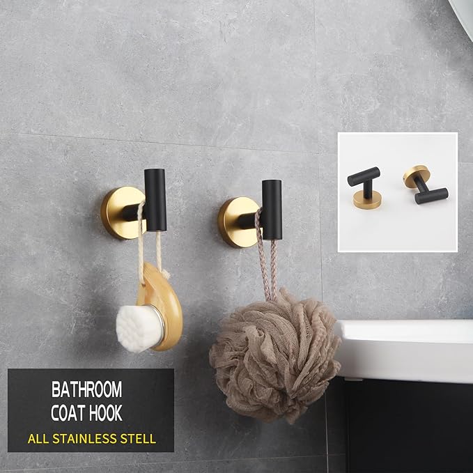 GERZWY Bathroom 3-Pieces Hardware Accessories Sets Stainless Steel - 2X Coat Hook Toilet Paper Holder (Black & Gold) AG1401B-BD