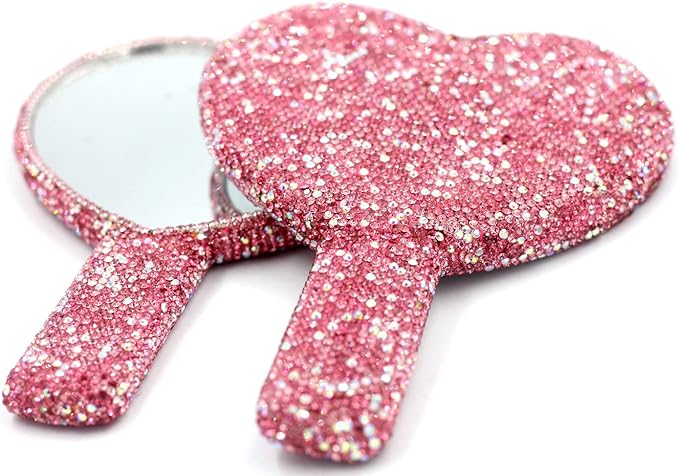 Bling Rhinestone Heart Handheld Mirror - Portable & Dazzling Makeup Mirror for On-The-Go Touch-ups (Plastic Pink)