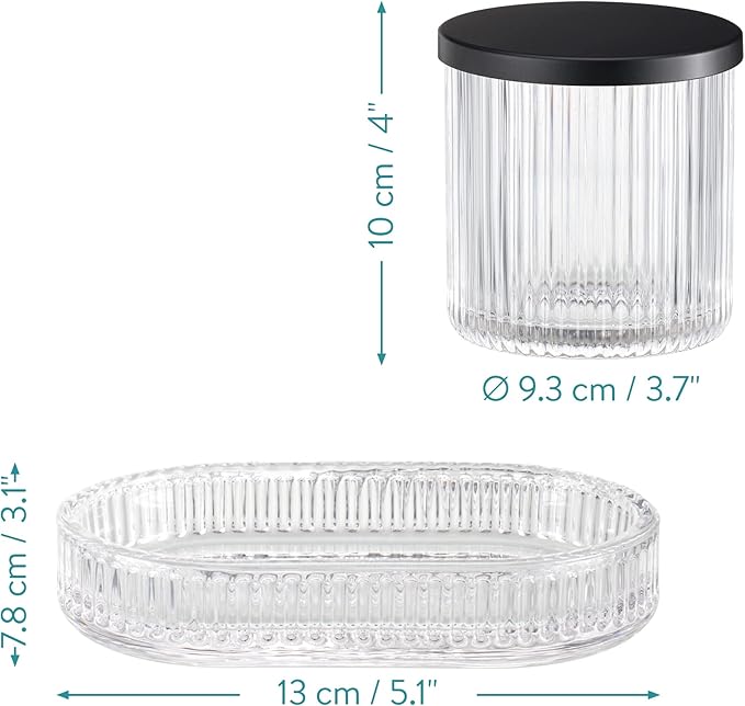 Navaris Glass Bathroom Accessories Set (4 Pieces) - Includes Soap Dispenser, Toothbrush Tumbler, Soap Dish, Cotton Pad Holder - Clear Glass with Black Metal
