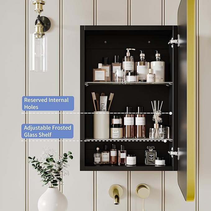 AGDULL Vintage-Style Bathroom Wood Black Cabinet with 16.5''x24'' Brushed Gold Metal Frame Curved Mirror, Recessed Medicine Cabinet, Bathroom Storage Cabinet