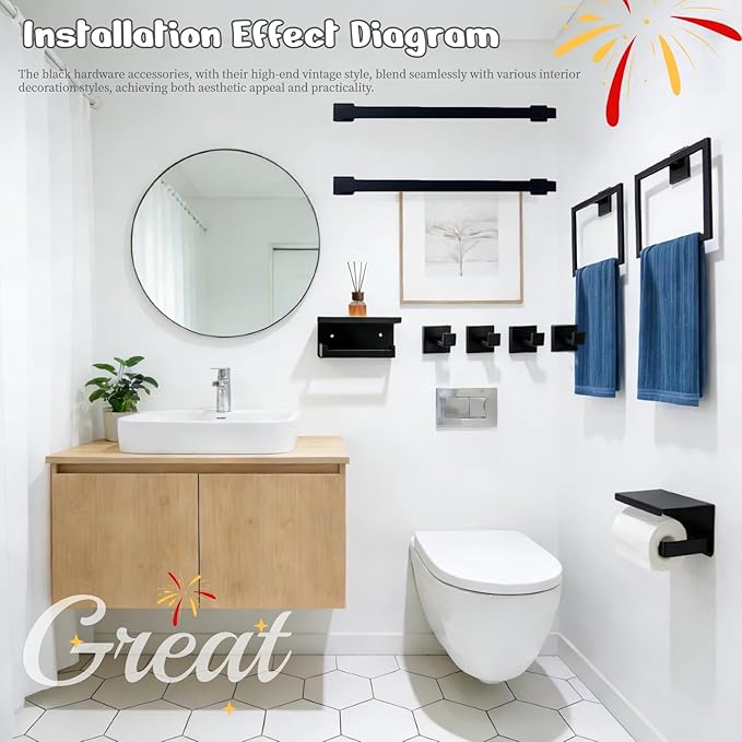 10Pcs Matte Black Bathroom Hardware Set, 24 Inch Towel Holder Accessories, Towel Rack Wall Mounted, Stainless Steel Square Hand Bar for Bathroom Shower Bath Kitchen Wall Mounted