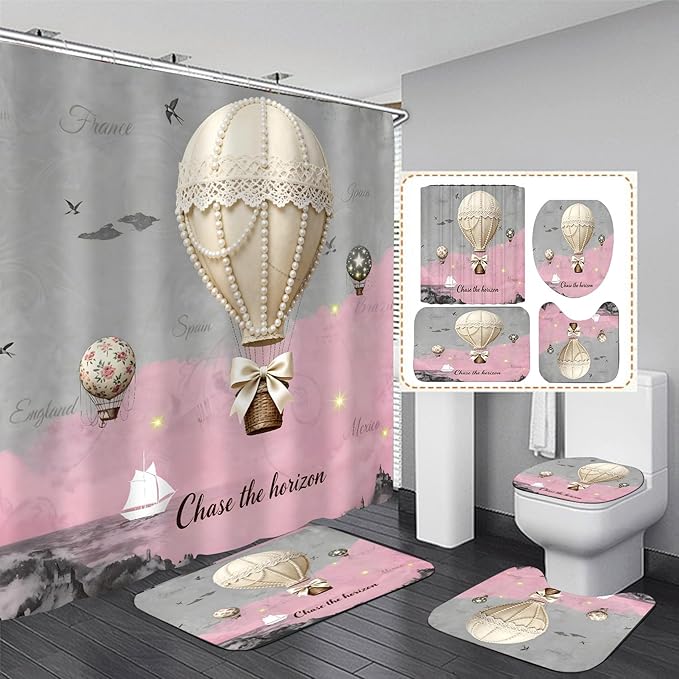 jieprom 4 Piece Pink and Grey Shower Curtain Set with Rugs, Vintage Pearl & Lace Hot Air Balloon Art, Romantic Travel Aesthetic Bathroom Decor, Non-Slip Mats & Toilet Lid Cover, Waterproof Fabric