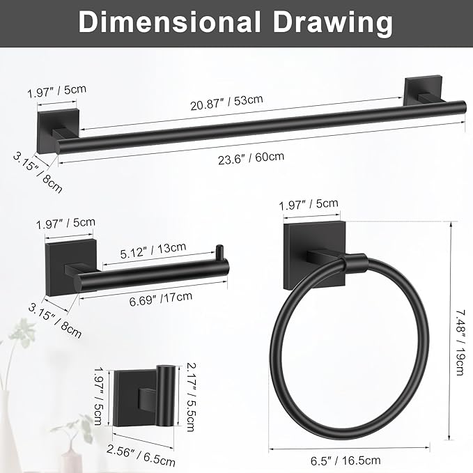Matte Black Towel Bar Bathroom Hardware Accessories Set, 5 Pieces Toilet Paper Holder Towel Holder Set, 23.6 Inch Stainless Steel Towel Racks for Bathroom Wall Mounted