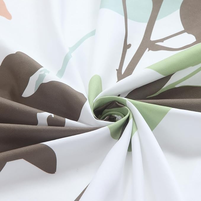 Modern Botanical Shower Curtain 72x78 Inches Long, Waterproof White Fabric with Brown & Green Branch Silhouette Print, 12 Metal Grommets & Weighted Hem