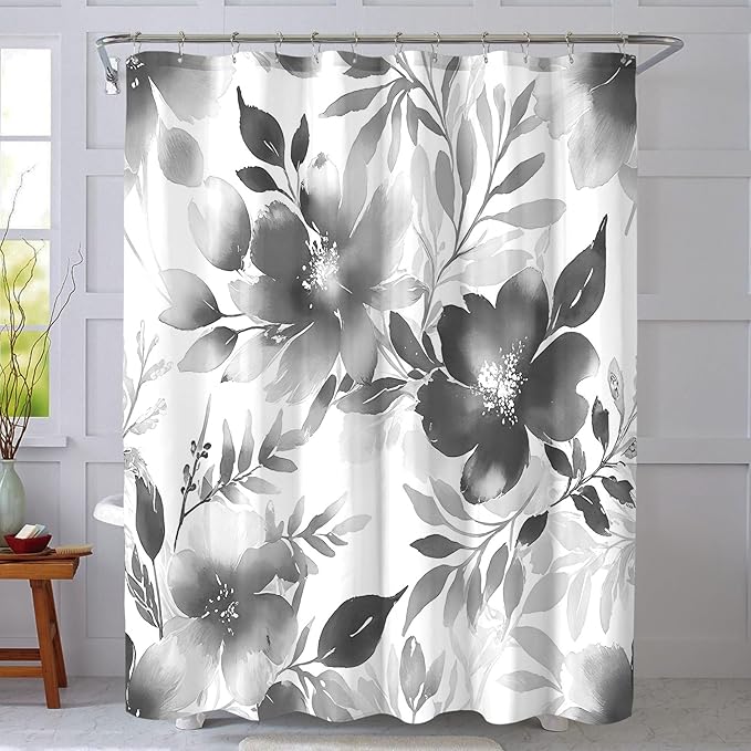 Floral Shower Curtain, Grey Watercolor Flower Shower Curtains for Bathroom, Modern Minimalist Waterproof Fabric Bath Curtain 72x84 Inch