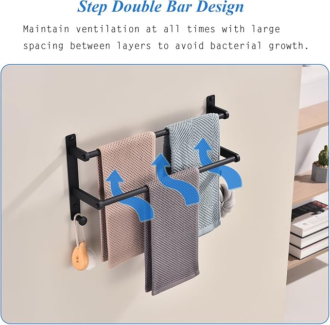 18-Inch Double Towel Rack with Hooks - Space Saving Towel Hanger, Matte Black Stainless Steel Towel bar for Bathroom Wall