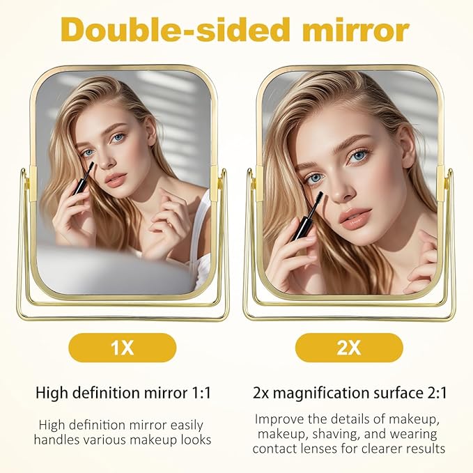 Mipcase Double-Sided Makeup Mirror with Stand: 360 Degree Swivel Tabletop Vanity Mirror with 1X / 2X Magnification for Dressing Table Bedroom Bathroom, 7.86X6.09X1.18in