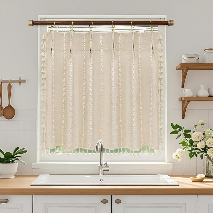 Beige Boho Farmhouse Window Curtain with Tassels, 30 x 36 Inch Light Filtering Sheer Short Cafe Window Curtain Tier, Linen Textured Pleated Small Window Drape for Kitchen or Bathroom, 1 Panel
