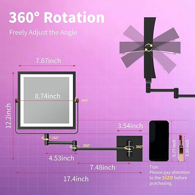 Wall Mounted Lighted Makeup Mirror, Rechargeable Double-Sided 1X/10X Magnifying Mirror with Light, Touch Dimmable 3 Color Lights, 360° Rotation Extendable Arm (Matte Black)