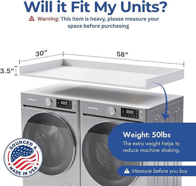 OfficeSimpli Washer Dryer Countertop, Made in USA, Non-Slip Pads, Laundry Room Wood Topper, Washer Dryer Cover for Top, Laundry Countertop, Laminate Finish (Glacier White, Extra Large (30" x 58"))