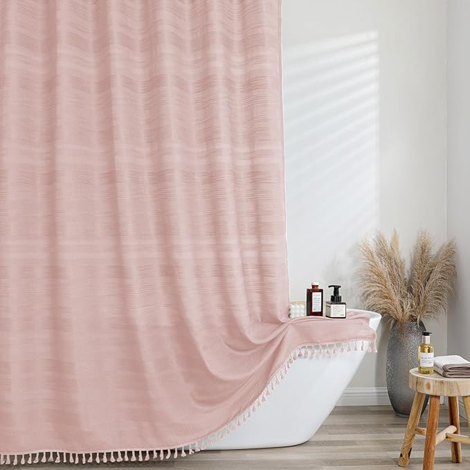 OVZME Extra Long Boho Shower Curtain 84 Inch Long, Modern Farmhouse Heavy Duty Linen Textured Soft Fabric, Rustic Country Cloth Shower Curtain with Tassel for Bathroom Hotel, 72Wx84L, Pink