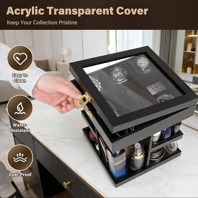 Cologne Organizer for Men 360 Rotating Wood Perfume Display Stand 3 Tier Large Capacity Mens Organizador de Perfumes for Bathroom Countertop Desk Organizers,Birthday Gifts for Men