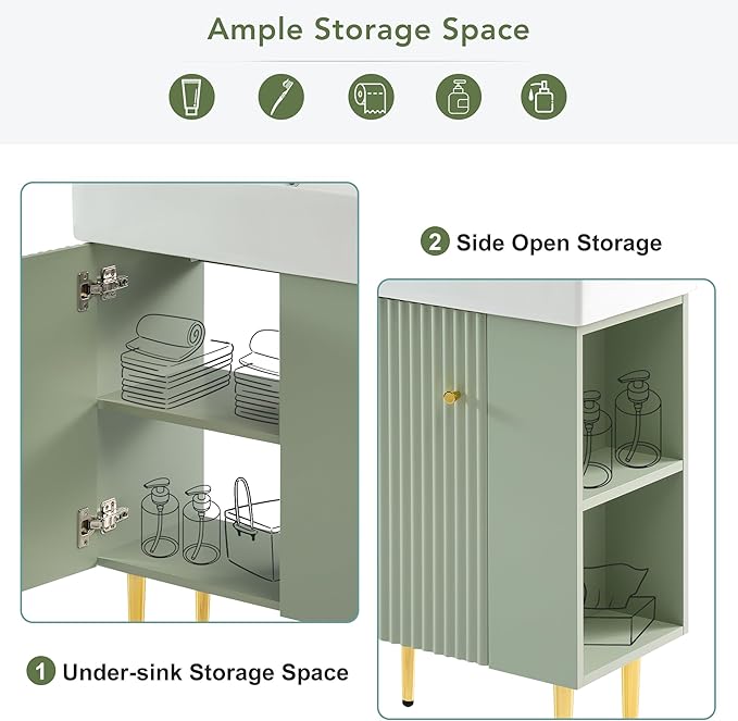 Virubi 21.6 in Small Bathroom Vanity with Sink,Doors and Storage Shelves,Wood Modern Single Fluted Bathroom Sink Cabinet Freestanding (Green,Right Shelf)