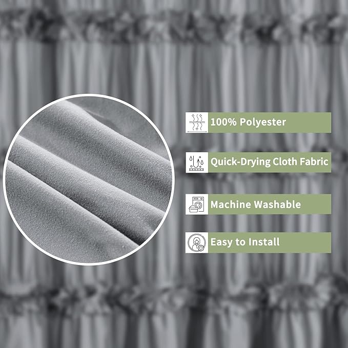 Victorian Ruffle Shower Curtain, Vintage Handcrafted Bow Tie Bath Curtain for Master Bathroom, Ruched Microfiber Bathroom Curtain with 12 Buttonholes, 72" W x 72" H, Gray (LQ-10)