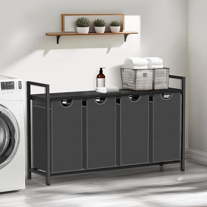 Sonharlar Laundry Hamper, Laundry Sorter with 4 Pull-Out Removable Oxford Fabric Bags Cloth Laundry Basket 4 x 10 Gallons (Grey and Charcoal Black)