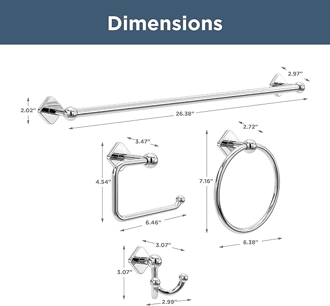 Franklin Brass Gainesville 4-Piece Bathroom Set Polished Chrome 18" + 6" Towel Rack, Toilet Paper Holder, Hand Towel Holder, Hook | 4-Piece Bath Hardware Accessories Set GNV64-PC