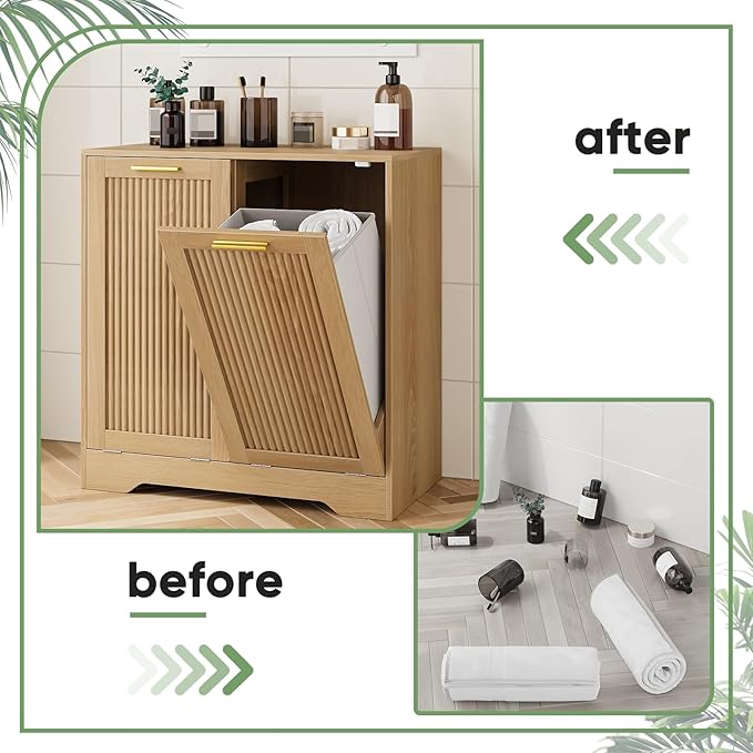 Smuxee Double Tilt Out Laundry Hamper Cabinet, Hidden Laundry Cabinet with Double Baskets, Natural Trash Can with Small Fluted Doors for Bathroom, Kitchen