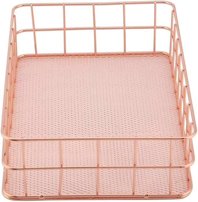 Fdit Makeup Storage Basket Organizer Rose Gold Iron Storage Holder Desktop Decor Household Woman Girl Lady(D)