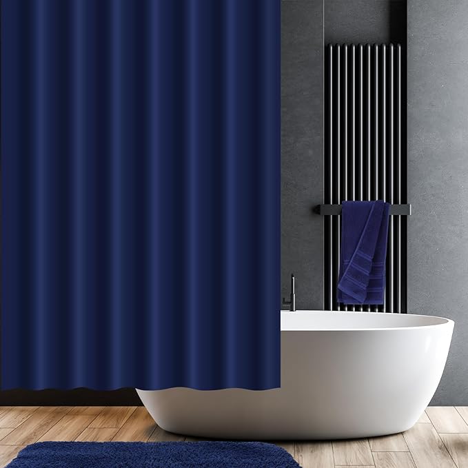 Fanfanwin 3 Pcs Bathroom Curtain Sets with Shower Rug and Towel Waterproof Shower Curtain Non Slip Bathroom Rug Bath Mat Soft Hand Towel with 12 Hooks for Hotel Decor(Navy Blue)