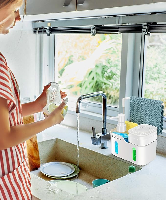 Hand Soap and Dish Soap Dispenser Set for Kitchen, Dual Soap Dispenser with Sponge Holder and Dishcloth Holder 4-in-1 Organizer for Kitchen Sink Countertop, Useful Kitchen Gadgets (White)