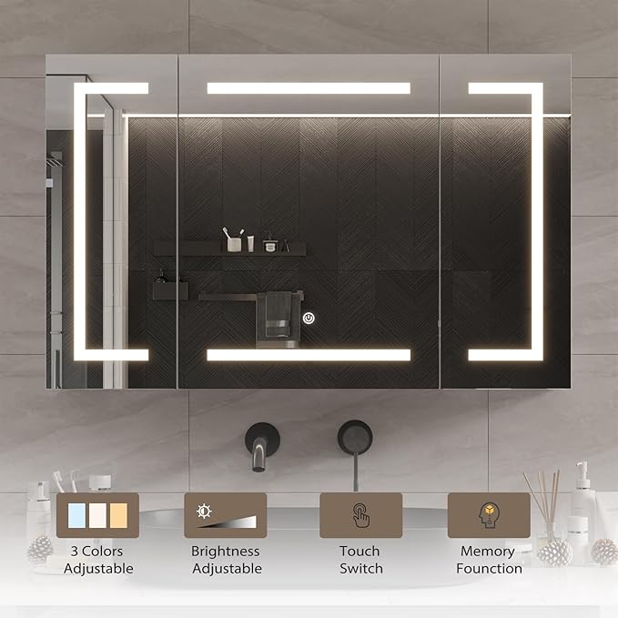 DICTAC Medicine Cabinet with Mirror and LED Light, Wall Mounted Bathroom Mirror with Storage, 3 Doors Bathroom Wall Cabinet, Memory Dimmable 3 Color Temp, Adjustable Shelves, 39.4''x23.6''