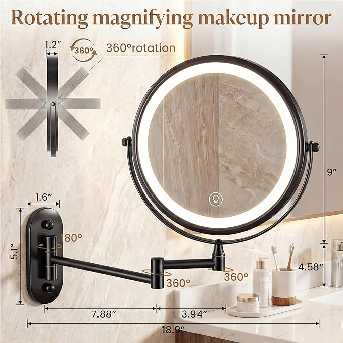 Wall Mounted Lighted Makeup Mirror, 8" Double-Sided 1X/30X, Rechargeable, 3-Color Dimmable Touch, 15.9" Swing Arm, Narrow Base, USB-C Charging, 360° Rotation, Black