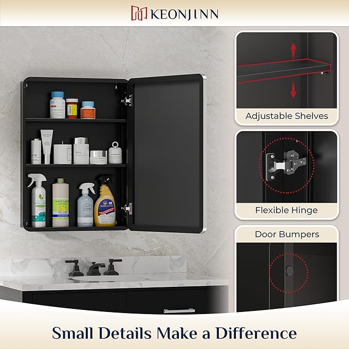 Keonjinn Chrome Medicine Cabinet Mirror 16 x 24 Inch, Recessed Medicine Cabinet for Bathroom, Elegant Stainless Steel Framed, Stepless Adjustable Shelves, in Wall or Surface Mount, Soft Closing