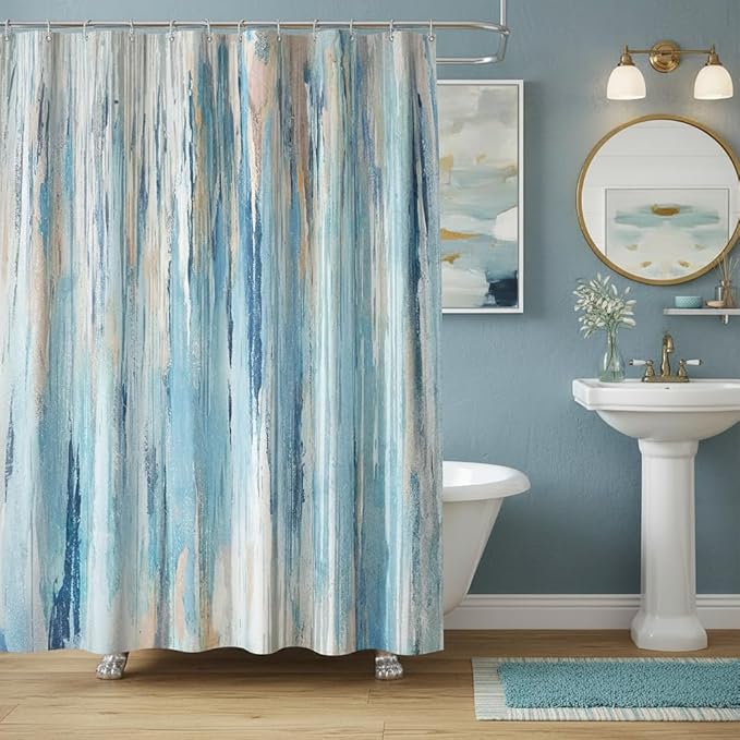 JAWO Abstract Shower Curtain Modern Shower Curtain Sets for Bathroom Gray Blue Aesthetic Stripe Pattern Contemporary Minimalist Painting Polyester Bathtub Curtains