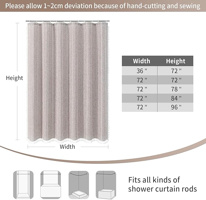 MitoVilla Boho Extra Long Shower Curtain 72 x 84, 84 inch XL Cotton Linen Tassel Fabric Shower Curtains for Vintage Country Farmhouse Bathroom Decor, Thick & Wrinkle Resistant, Brown Grey