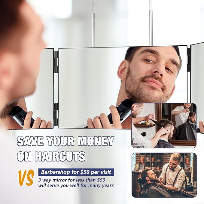 Dripex 3 Way Mirror for Men or Women, 360° Trifold Self Haircut Mirror with Height Adjustable Hooks, for Makeup, Styling, Shaving, Braiding, Dye Hair (Black Without Led)