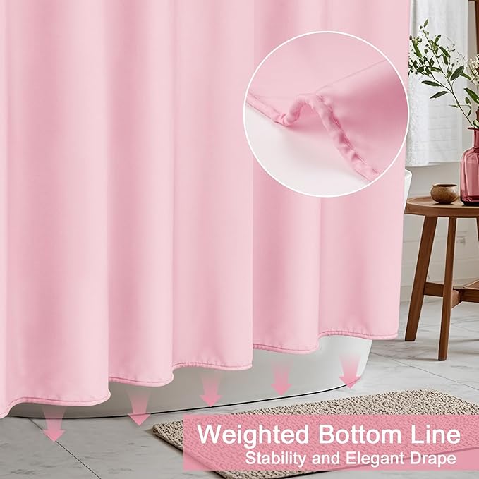 AooHome Extra Long Shower Liner, Polyester Solid Color Shower Curtain with Hooks, Weighted Hem, Water Repellent, 72x84 inch, Pink