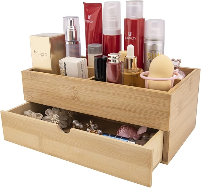 BOOTOP PIN Bamboo Makeup Organizer with Drawers for Countertop, Dresser, Bathroom Skincare