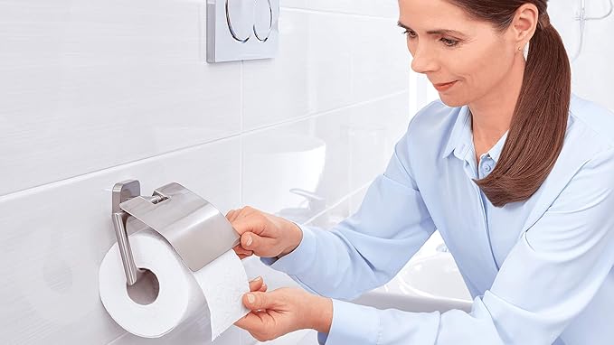 tesa Esteetic Toilet roll Holder with lid, self-Adhesive, Stainless-Steel, Outstanding Design, Guaranteed Stainless, 135mm x 132mm x 48mm