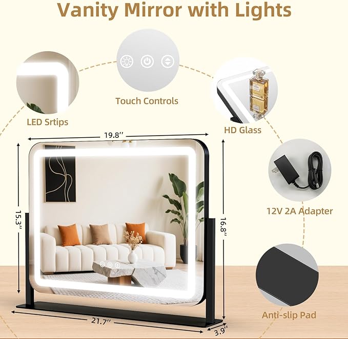 Vanity Mirror with Lights 22"x17", Lighted Makeup Mirror with 10X Magnification, 3 Color Dimmble Lights, Touch Control, 360° Rotation, Metal Frame, Women's Gift, For Bedroom/Dressing Room, Black