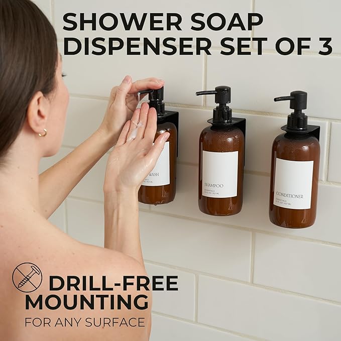 Stylish Shampoo and Conditioner Dispenser Set of 3 for Wall Mount - Modern Drill Free 21oz Shower Soap Bottles with Labels - Easy Refill Body Wash Dispensers for an Instant Bathroom Decor Upgrade