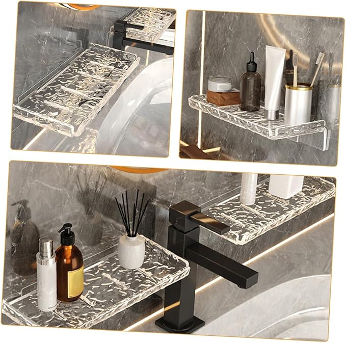 Homoyoyo 2pcs Wall Mount Holder Storage Shelf for Bathroom Transparent Wave Pattern Floating Organizer Rack Wall Shelf for Kitchen Bathroom and Living Storage