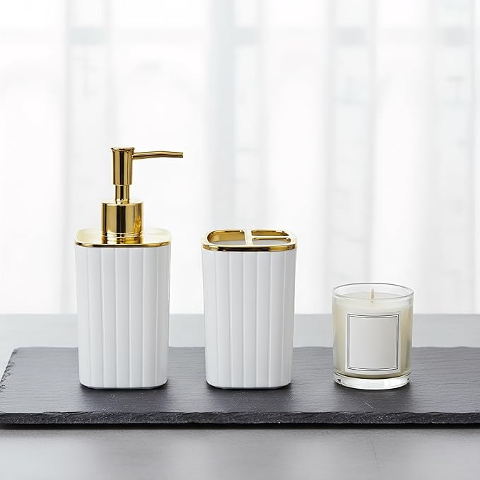 2Pack Bathroom Accessories Set, White Bathroom Set. Bathroom Toothbrush Holder Set, Includes Dispenser and Toothbrush Holder. Bohemian Bathroom Accessories