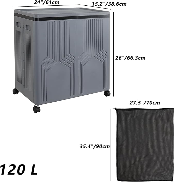 Morcte 120 L Double Laundry Hamper with Lid and Wheels, Collapsible 2 Section Plastic Laundry Hamper, Gray