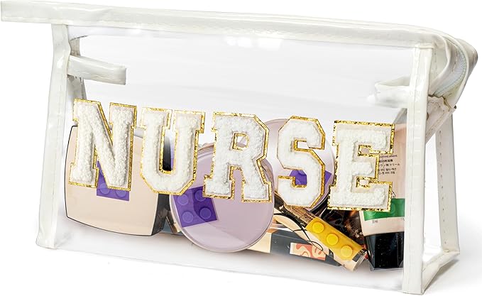 CY2SIDE NURSE Clear Makeup Bag - White Letter Patch Cosmetic Bag with Handle for Travel PVC Zipper Clear Travel Pouch for Toiletries Waterproof Portable Organizer Case Gift for Nurse, White