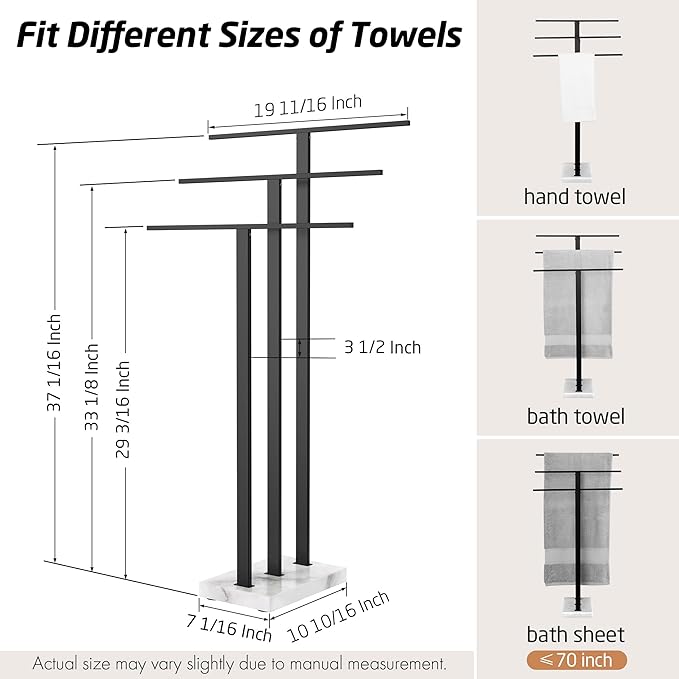 KES Standing Towel Rack with Marble Base, 3-Tier Towel Rack Stand for Bathroom Floor, Towel Racks for Large Bath Towel & Hand Towel, 18/8 Stainless Steel Matte Black, BTH217S3-BK