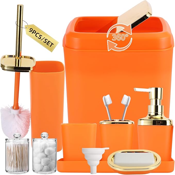 XLHOMO Orange Bathroom Accessories Set, Orange and Gold Bathroom Accessories with Trash Can, Soap Dispenser, Soap Dish, Toothbrush Holder and Q-tip Holders